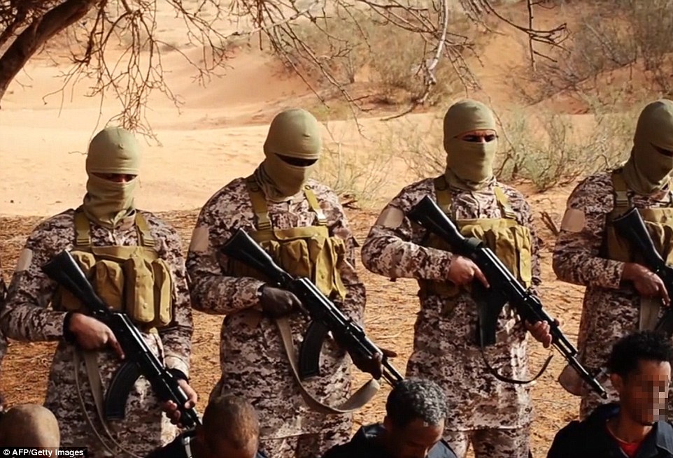 The footage also shows around 12 men being shot in a desert area, believed to be in the south of the country, by militants wearing green balaclavas and combats