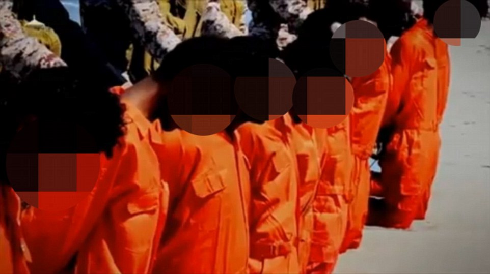 The men, thought to be migrant works, are described by Islamic State in the video as the 'followers of the cross from the enemy Ethiopian Church'